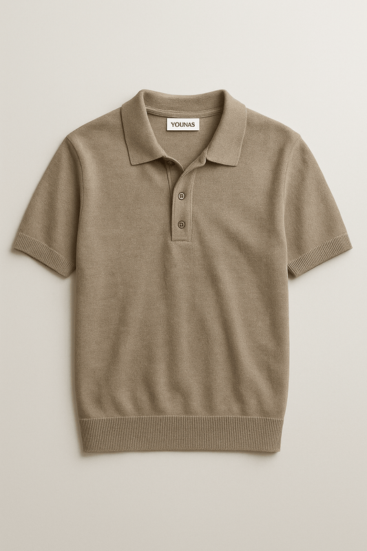 VISCOSE BLEND KNITTED POLO BEIGE - YOUNAS - OLD MONEY