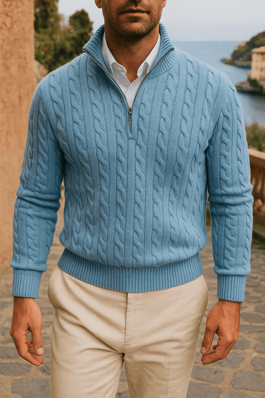 AMALFI ZIPPED KNITWEAR LIGHT BLUE - YOUNAS - OLD MONEY
