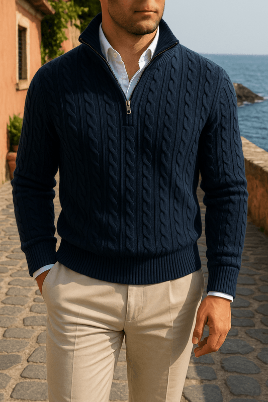 AMALFI ZIPPED KNITWEAR NAVY BLUE - YOUNAS - OLD MONEY